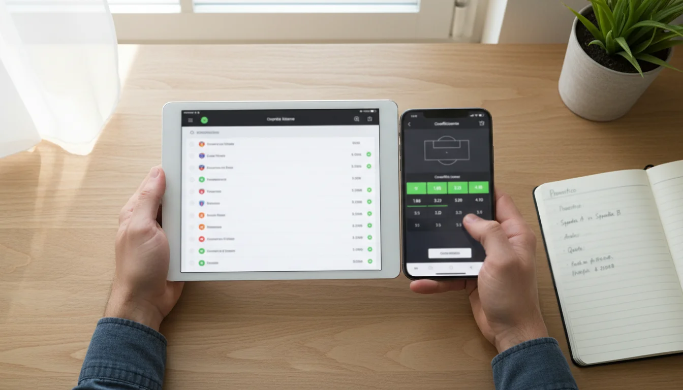Persona che confronta bookmaker calcio su tablet e smartphone