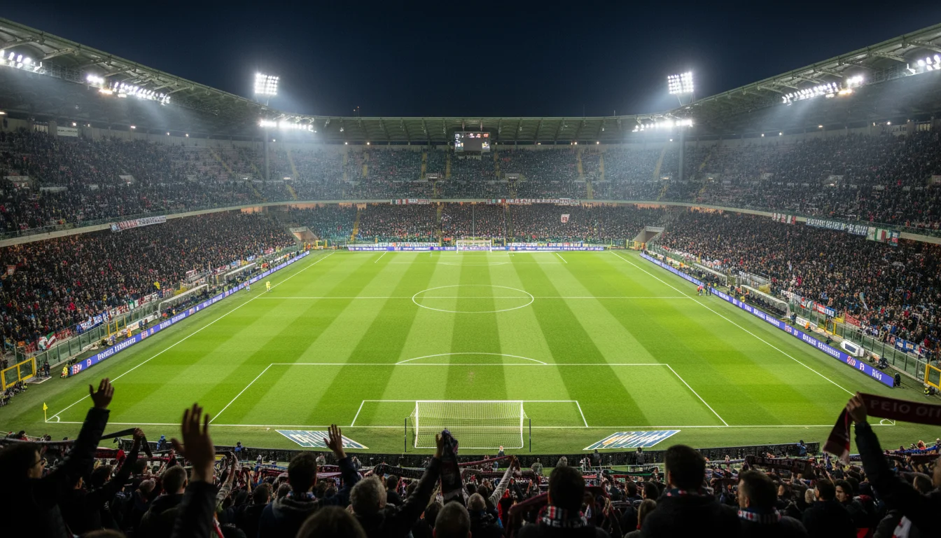 Stadio di calcio italiano illuminato durante una partita serale di Serie A