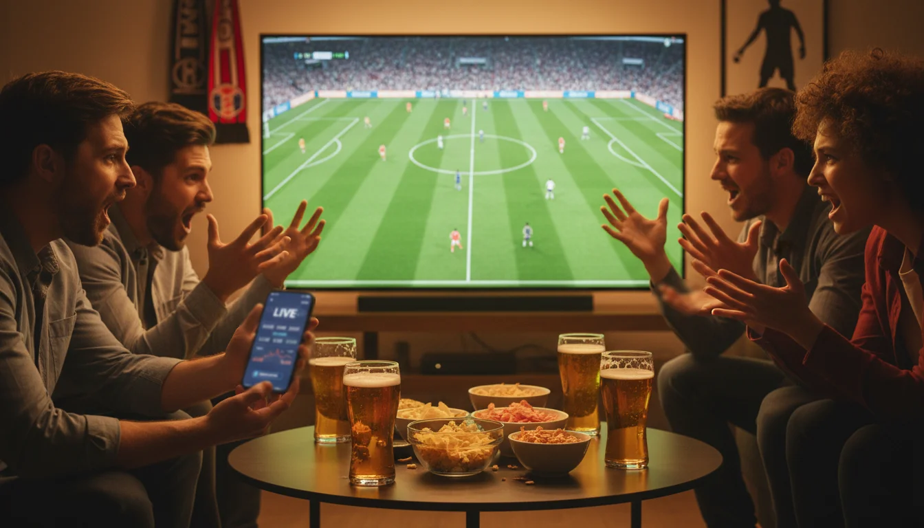 Tifosi che guardano partita di calcio in diretta su schermo